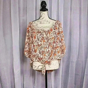 Stella Tweed XL paisly print brown/orange/tan tie front pullover shirt